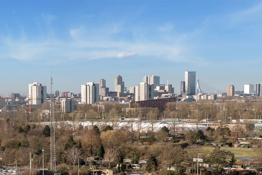 Uitzicht op de skyline van Rotterdam met het Rivium Quadrant en de Erasmusbrug op de achtergrond.